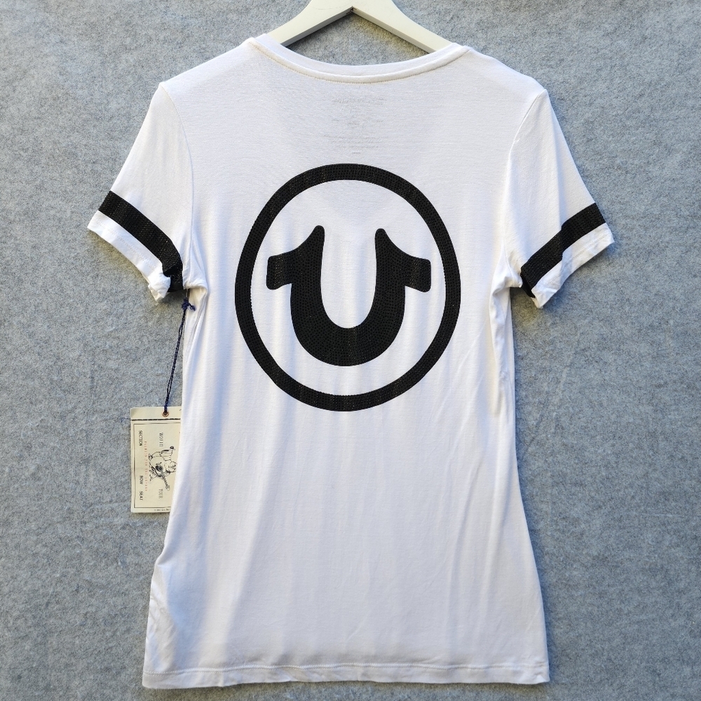 True Religion Crystal Logo Deep Vneck Short Sleeve Tee - Picture 3 of 8
